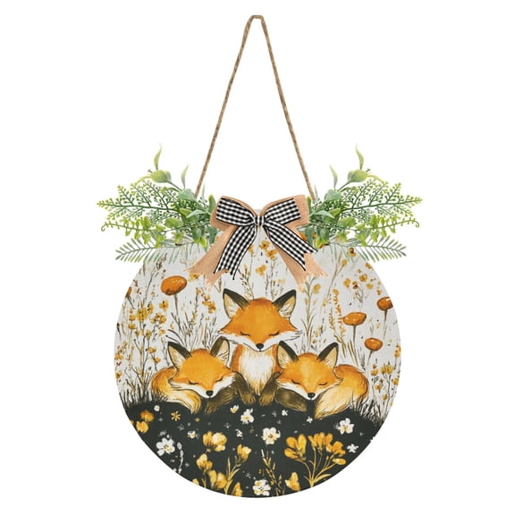Cartoon Cute Fox Front Door Porch Decoration Hanging Sign with Artificial Green Plants and Bow for Home Outdoor Indoor