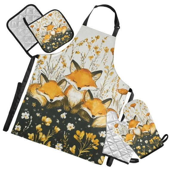 Cartoon Cute Fox Oven Mitts and Pot Holders with Chef Apron Set 5 Pcs Kitchen Cooking Set