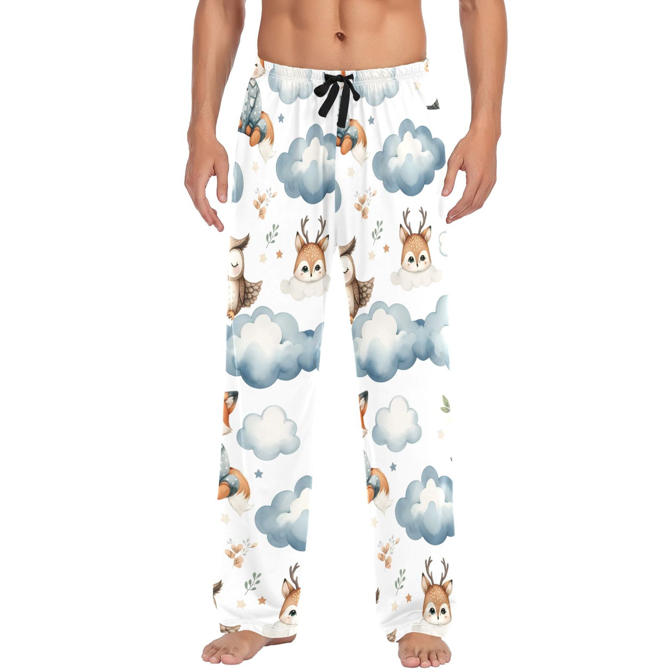 Cartoon Cute Fox Owl Clouds Men's Pajama Pants Cotton Long Sleepwear