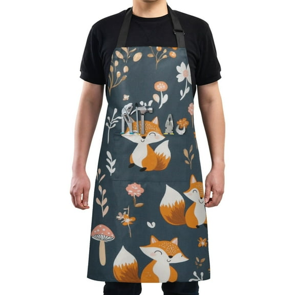 Cartoon Cute Foxs Chef Kitchen Apron with Pockets for Women Waterproof Aprons for Cooking Baking