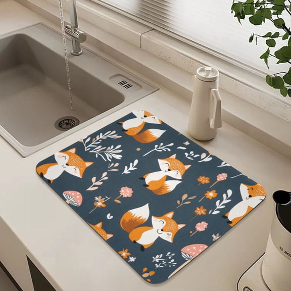 Cartoon Cute Foxs Dish Drying Mat for Kitchen Counter Absorbent Drainer Mats (15.7X11.8Inch)