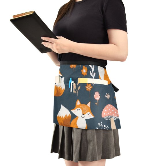 Cartoon Cute Foxs Server Apron with 3 Pockets Waist Apron for Waiter Waitress