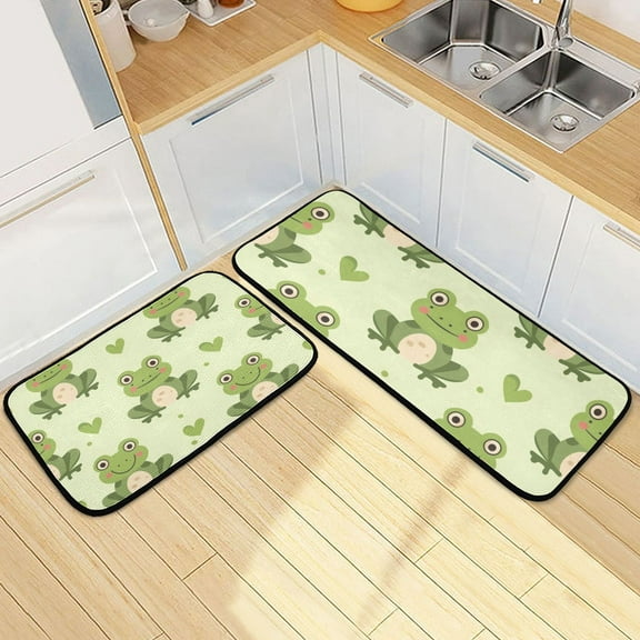 Cartoon Cute Frog Kitchen Rugs Set of 2 Non Slip Floor Foam Mat Cushioned Soft Waterproof Carpet Runner for Dining Room Laundry