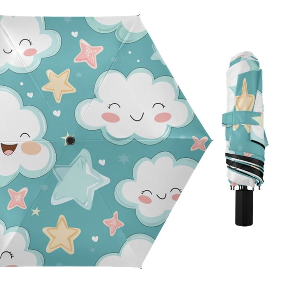 Cartoon Cute Funny Clouds Stars All Weather Umbrella Triple Folding Parasol 6 Ribs UV Protection Portable
