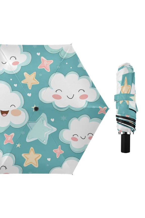 Cartoon Cute Funny Clouds Stars All Weather Umbrella Triple Folding Parasol 6 Ribs UV Protection Portable