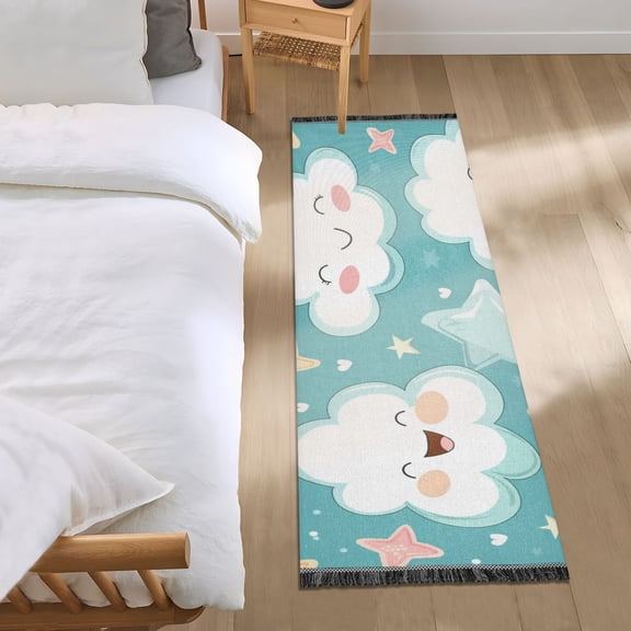 Cartoon Cute Funny Clouds Stars Bedside Runner Rug 2'x 6' Non Slip Carpet Floor Mat Area Rug