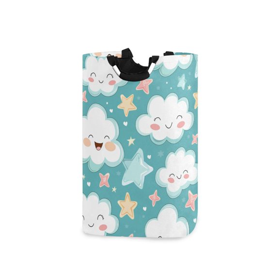 Cartoon Cute Funny Clouds Stars Laundry Basket with Handles Foldable Laundry Hamper Freestanding Washing Bin 50L