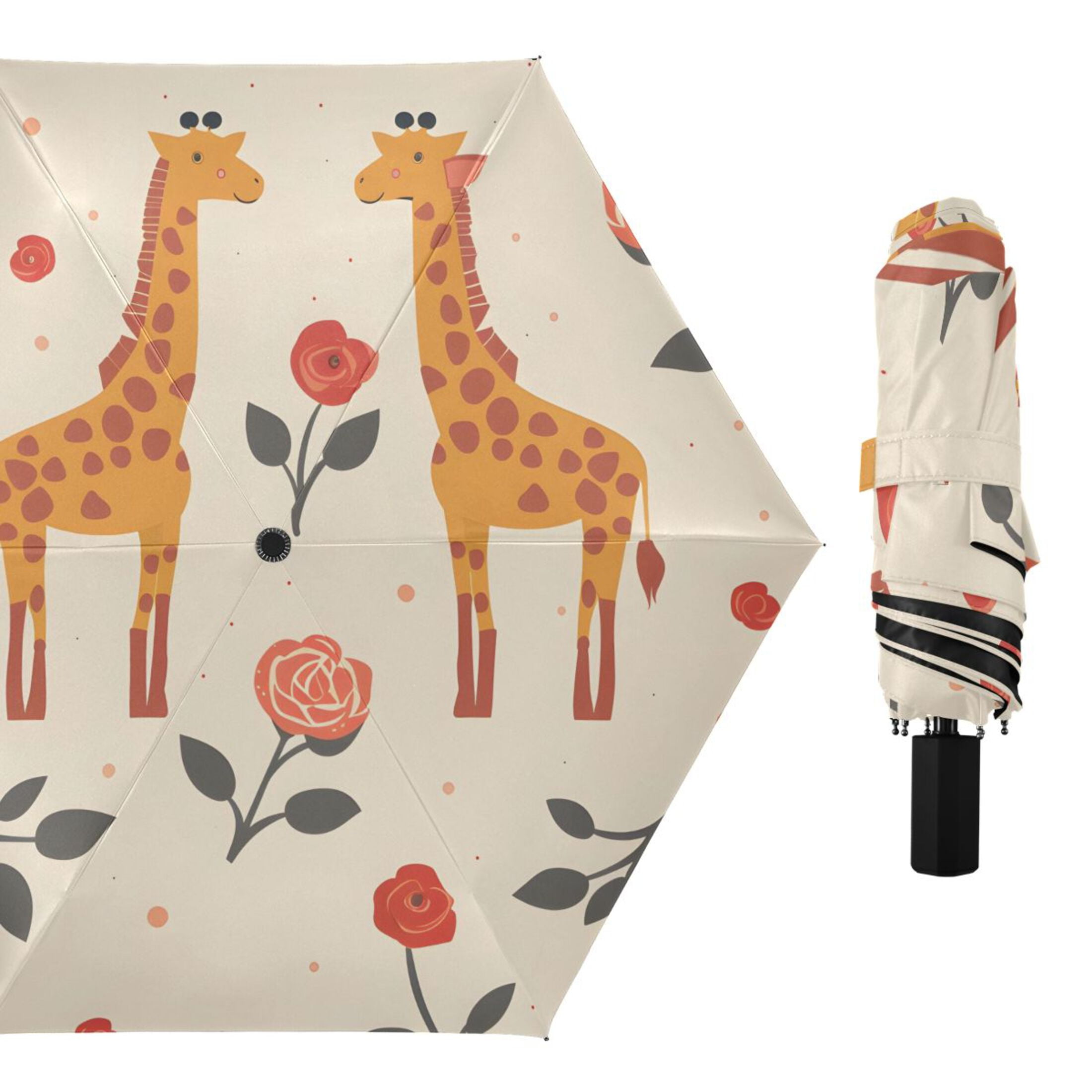 Cartoon Cute Giraffes Roses All Weather Umbrella Triple Folding Parasol 6 Ribs UV Protection Portable