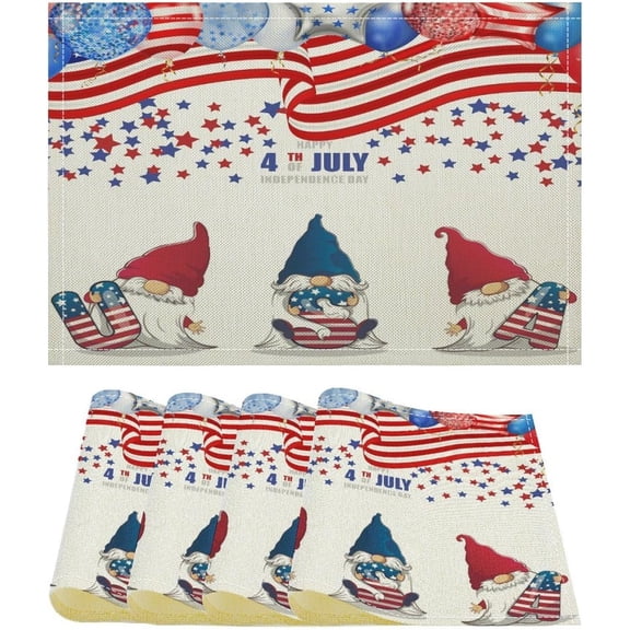 Cartoon Cute Gnomes Placemat,Patriotic Independence Day 4th of July Dreamy Colorful Balloon Pattern Washable Heat Resistant Placemats for Home Party Kitchen Indoor Holiday Set of 4 12x18in