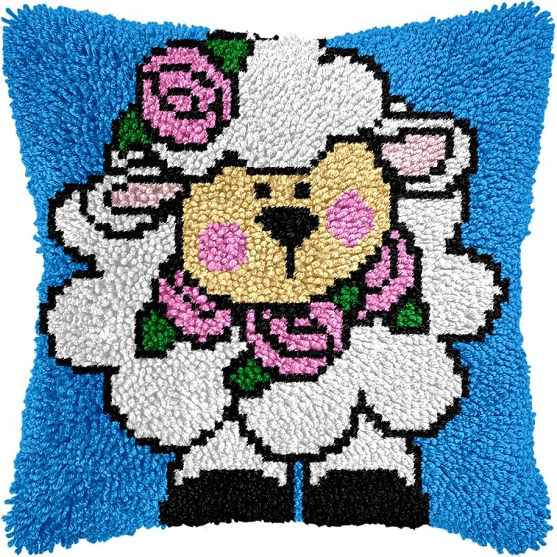 Cartoon Cute Goat Latch Hook Pillows Kits Cushion Pillow Cover with Pattern Printed Canvas Sofa Hooking Pillowcase Crafts Embroidery Latch Hooking Crochet Kits Set 17x17 inch(1)