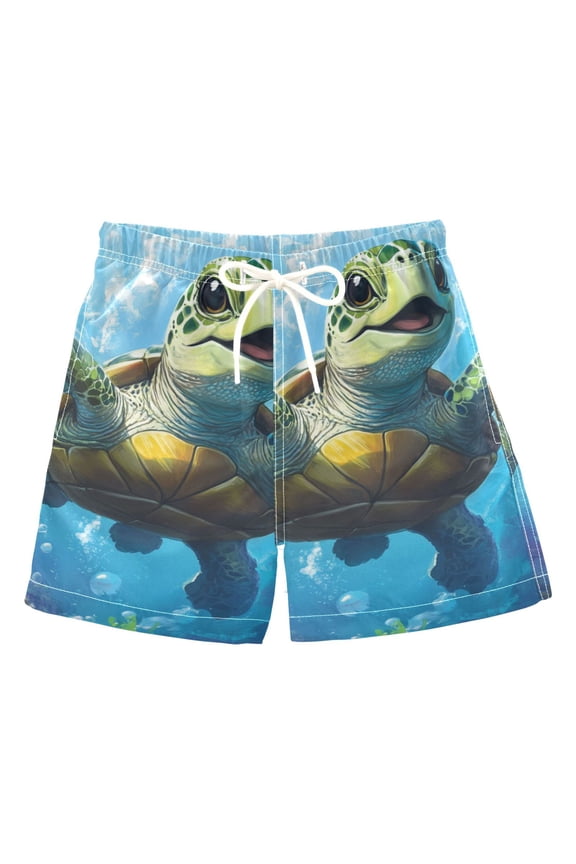 Cartoon Cute Green Turtle Boys Swim Trunks Quick Dry Boy Swim Shorts for 3-14 Years
