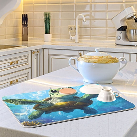 Cartoon Cute Green Turtle Dish Drying Mats for Kitchen Counter Absorbent Microfiber Coffee Pad