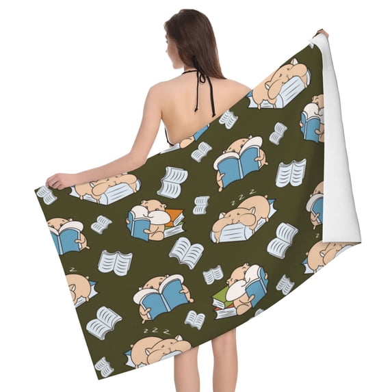 Cartoon Cute Hamster Reading Bath Towel, Highly Absorbent towels for bathroom Quick Drying Microfiber Bath Towels for Body, Soft Shower Towels for Sport, Yoga, SPA, Gym 27x55in