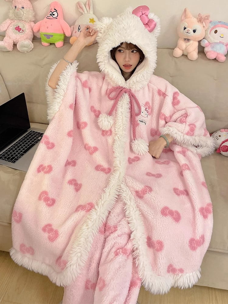 Cartoon Cute Hello Kitty Girl Soft Girl Bow Coral Velvet Hoodie ...