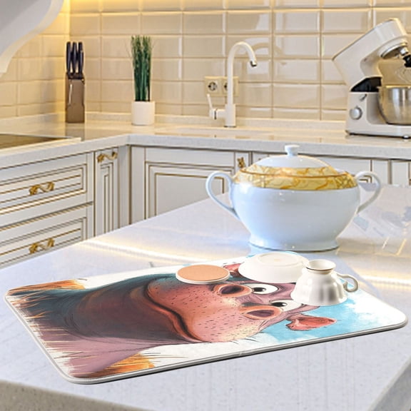 Cartoon Cute Hippo Dish Drying Mats for Kitchen Counter Absorbent Microfiber Coffee Pad