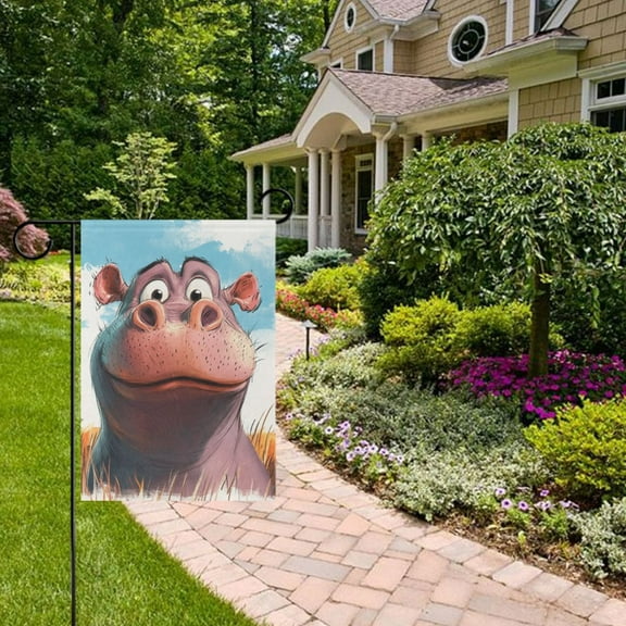 Cartoon Cute Hippo Garden Flag 12x18 inch Double Sided Outside Yard Decorations for Home Outdoor