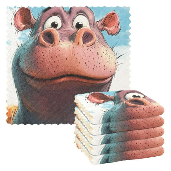 Cartoon Cute Hippo Kitchen Cloth Dish Towels for Drying Washing Absorbent Dish Rags 6 Pack