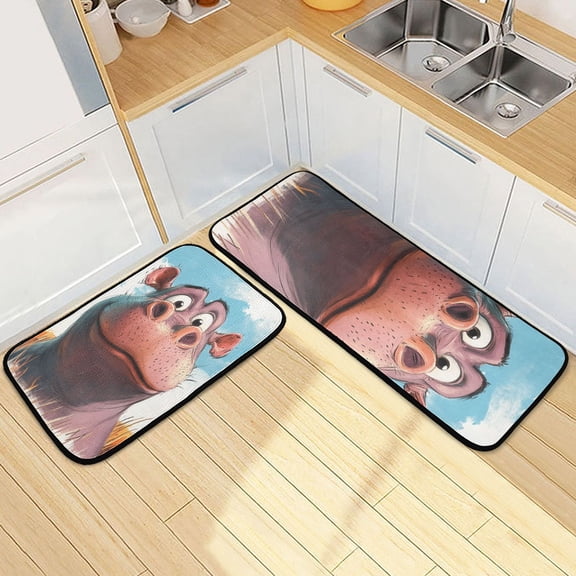 Cartoon Cute Hippo Kitchen Mat Set of 2 Cushioned Non Slip Rugs for Bedroom Floor Runner Mats