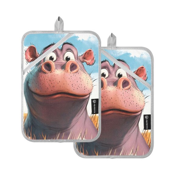 Cartoon Cute Hippo Oven Mitts Pot Holders 2 pcs Heat Resistant for Kitchen Baking Grilling