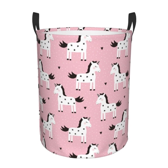 Cartoon Cute Horse Pink Laundry Basket, Laundry Hamper Waterproof Laundry Bag Clothes Hamper Laundry Bin with Handles for Bedroom, Living Room, Kids Room-#