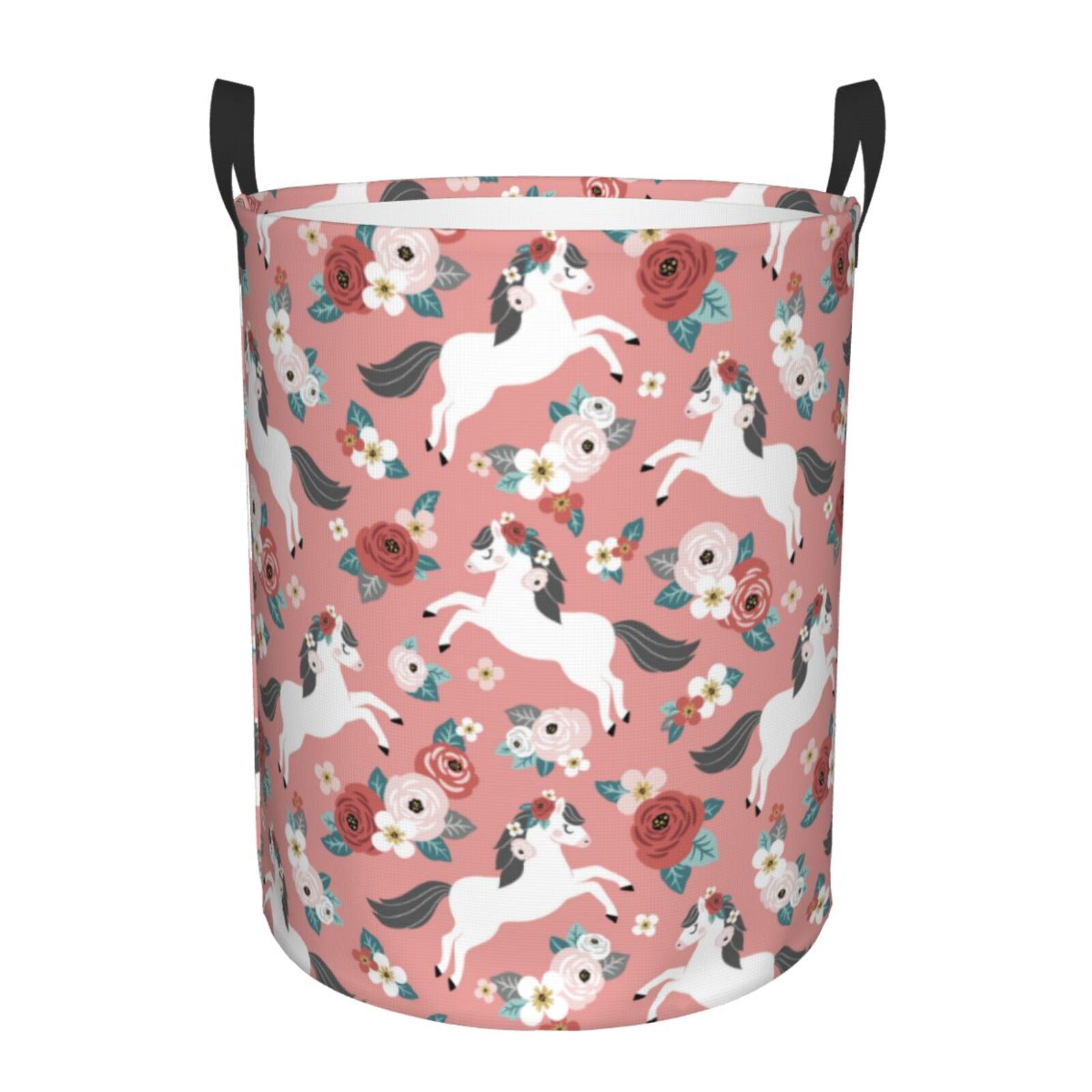 Cartoon Cute Horse Rose Daisy Round Laundry Basket, Laundry Hamper with ...