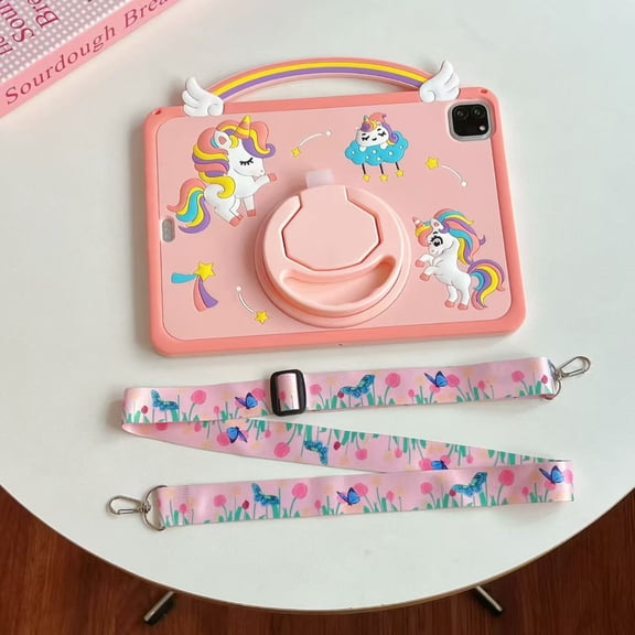Cartoon Cute Kids Tablet Case For iPad Mini 1 2 3 4 5 6 7 Air 11 6 Pro 10.2 10.9 inch iPad Air 11inch M3 (2025) Silicone Colorful Unicorn Rotate Bracket With Shoulder Strap Tablet Cover