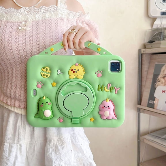 Cartoon Cute Kids Tablet Case For iPad Mini 1 2 3 4 5 6 7 Air 11 6 Pro 10.2 10.9 inch iPad Air 11inch M3 (2025) Silicone Squeeze Little Dinosaur Bracket Tablet Cover