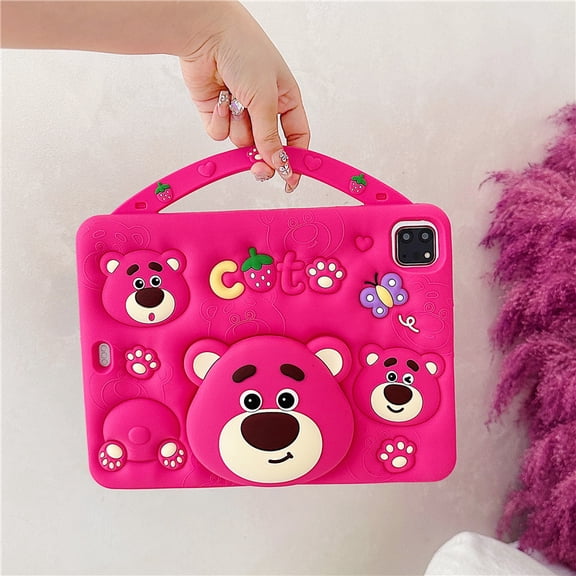 Cartoon Cute Kids Tablet Case For iPad Mini 1 2 3 4 5 6 7 Air 11 6 Pro 10.2 10.9 inch iPad Air 11inch M3 (2025) Silicone Strawberry Bear Bracket Tablet Cover