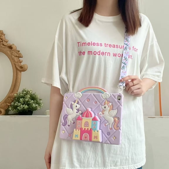 Cartoon Cute Kids Tablet Case For iPad Mini 1 2 3 4 5 6 7 Air 11 6 Pro 10.2 10.9 inch iPad Air 11inch M3 (2025) Silicone Unicorn Bracket With Shoulder Strap Tablet Cover
