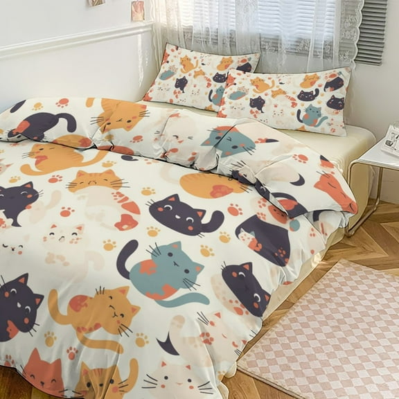 Cartoon Cute Kitten 3 Pcs Soft Bedding Set, Includes 1 Duvet Cover with Zipper And 2 Pillow Shams Cartoon Cute Kitten 86"x70"