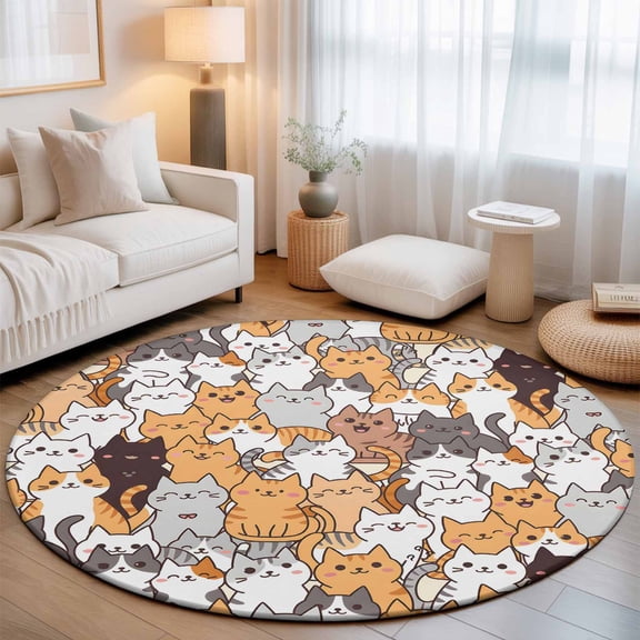 Cartoon Cute Kitty Round Rug 5ft Modern Funny Pet Cat Washable Area Rugs for Living Room Bedroom Entryway Non Slip Entrance Door Mat Indoor Floor Carpet