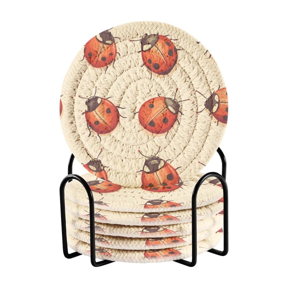 Cartoon Cute Ladybugs Drink Coasters with Holder Absorbent Coaster for Coffee Table Room Decor 6 Pack
