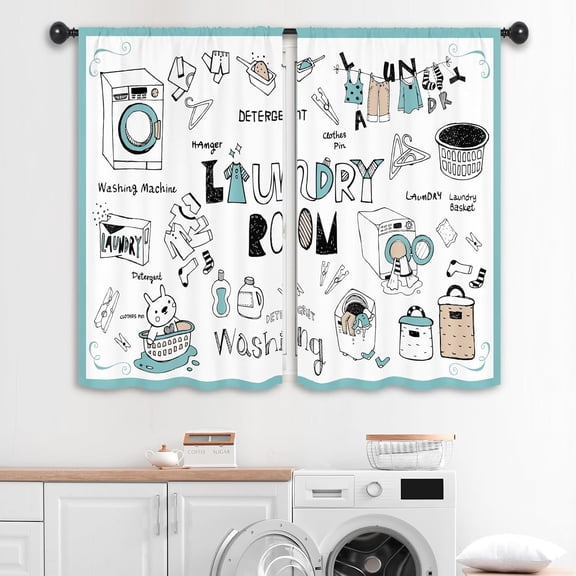 Cartoon Cute Laundry Room Curtains 27.5W x 39L Inch Rustic Farmhouse Washing Rod Pocket Short Cafe Small Window Treatment Drapes Decor 2 Panels