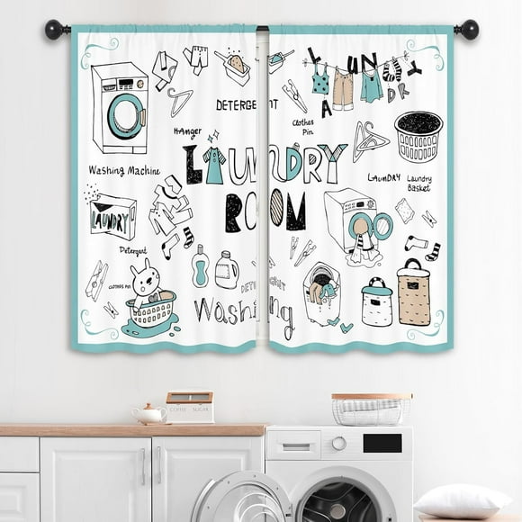 Cartoon Cute Laundry Room Curtains 27.5W x 39L Inch Rustic Farmhouse Washing Rod Pocket Short Cafe Small Window Treatment Drapes Decor 2 Panels