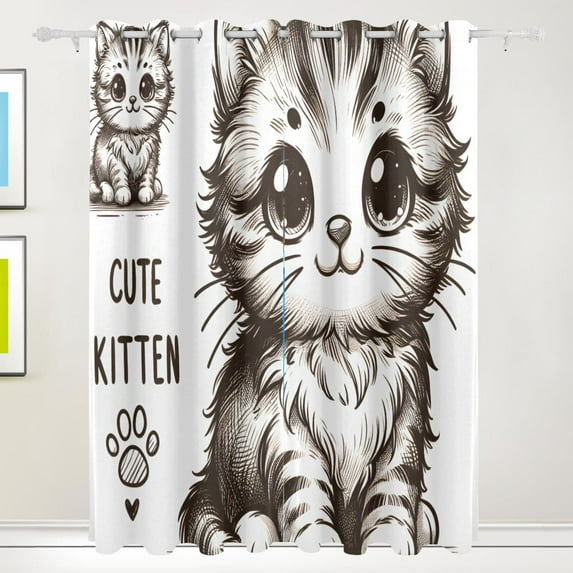 Cartoon Cute Little Cat Black Out Curtains 84 Inch Length Curtains for Sliding Glass Doors Bedroom Living Room 2 Pack