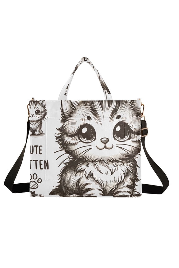 Cartoon Cute Little Cat Corduroy Tote Bag Handbag Large Messenger Bag Shoulder Crossbody Zipper Bag Purse