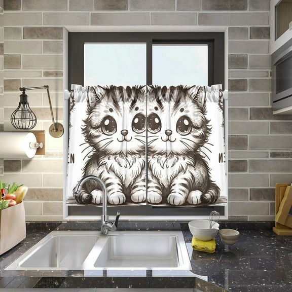 Cartoon Cute Little Cat Kitchen Curtains Half Tier Curtain 2 Rod Pockets Bathroom Bedroom Cupborad Living Room 27"x24"