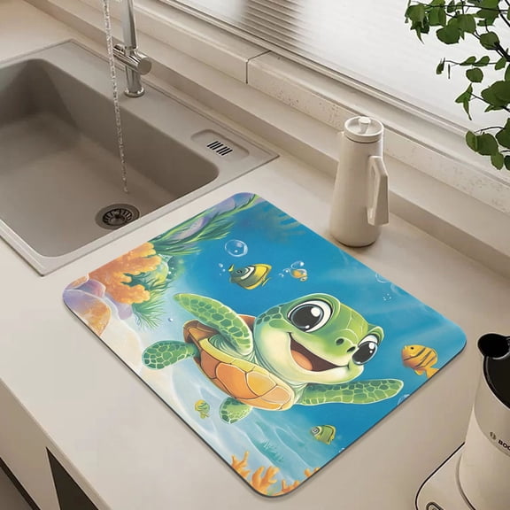Cartoon Cute Little Green Turtle Dish Drying Mat for Kitchen Counter Absorbent Drainer Mats (15.7X11.8Inch)