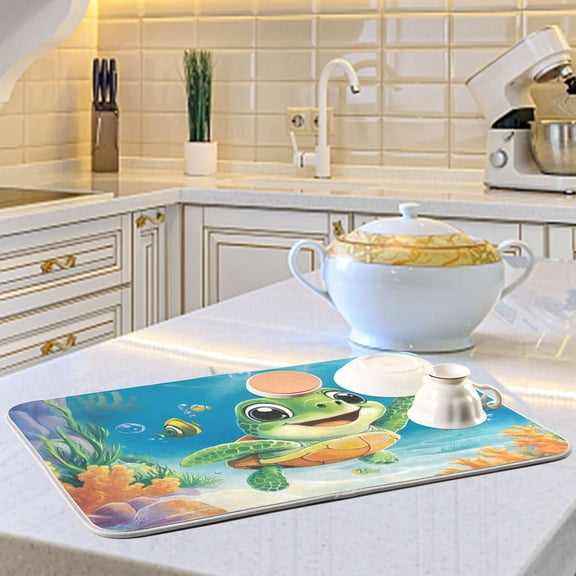Cartoon Cute Little Green Turtle Dish Drying Mats for Kitchen Counter Absorbent Microfiber Coffee Pad