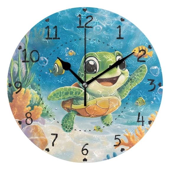 Cartoon Cute Little Green Turtle Round Wall Clock Silent Battery Operated Home Decor for Living Room Bedroom