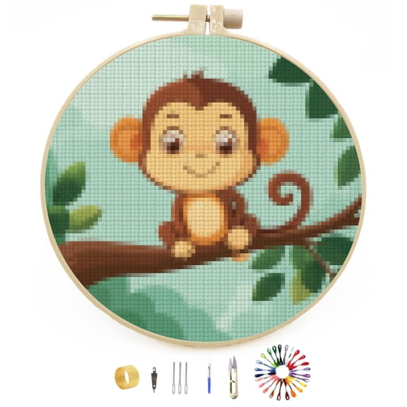 Cartoon Cute Monkey on Tree Easy Stamped Cross Stitch Kits for Beginners with Hoop Simple Patterns 11CT Counted Embroidery Needlepoint Crafts Arts for DIY Enthusiasts and Home Decor 26x26cm(3)