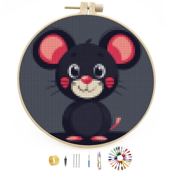 Cartoon Cute Mouse Easy Stamped Cross Stitch Kits for Beginners with Hoop Simple Patterns 11CT Counted Embroidery Needlepoint Crafts Arts for DIY Enthusiasts and Home Decor 26x26cm(1)