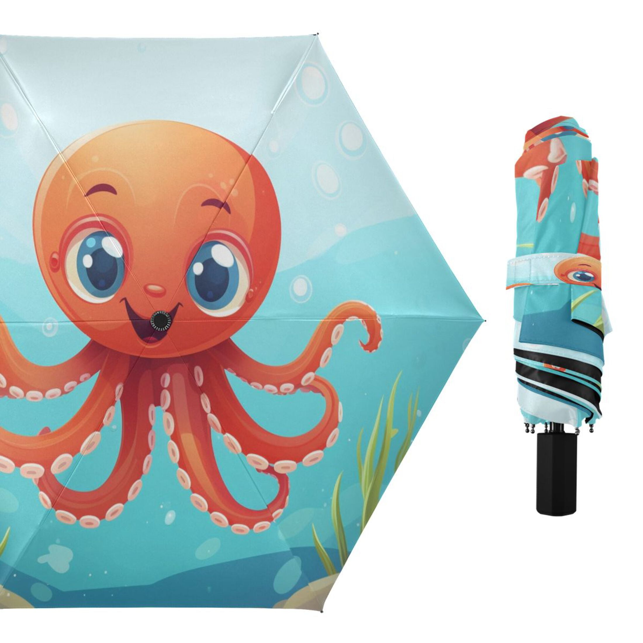 Cartoon Cute Octopus in Sea Compact Sun Umbrella Windproof Travel Umbrellas for Rain Strong Portable UV Protection