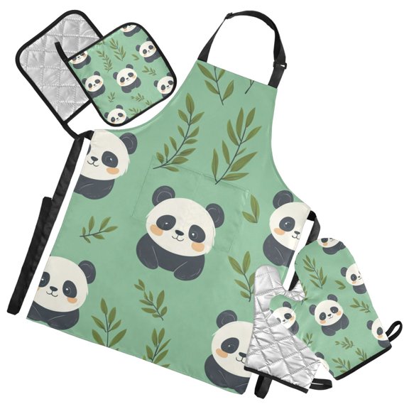 Cartoon Cute Panda Oven Mitts and Pot Holders with Chef Apron Set 5 Pcs Kitchen Cooking Set