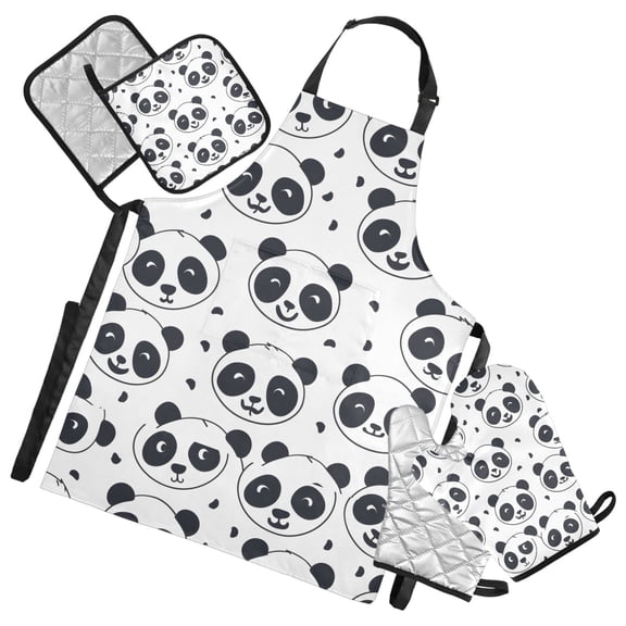 Cartoon Cute Pandas Face 5 Pcs Kitchen Set Heat Resistant Oven Mitts and Non-Slip Pot Holders with Adjustable Cooking Apron