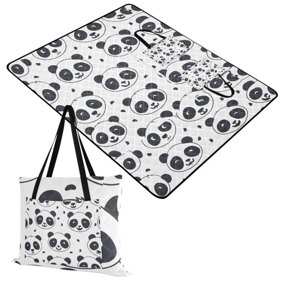 Cartoon Cute Pandas Face Extra Large Picnic Beach Blanket Waterproof Sand Proof Portable Outdoor Mat 60x80
