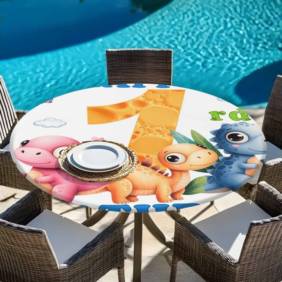 Cartoon Cute Pink Orange Blue Dinosaurs Round Fitted Tablecloth with Elastic Edge,Waterproof Table Cloth Fits Tables Up to 45"-54",Wipeable Washable Table Cover for Dinning Party,Happy Birthday