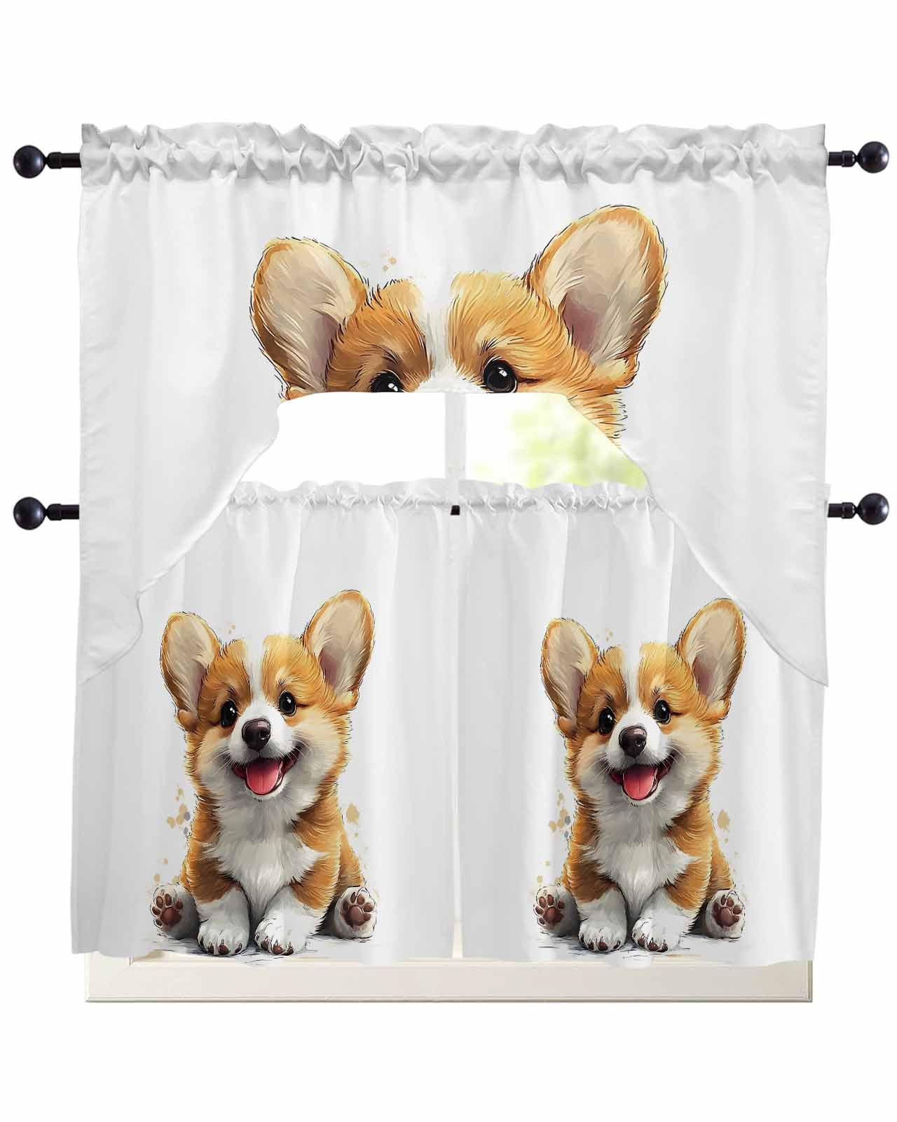 Cartoon Cute Puppy Kitchen Curtains Swag Valance and Tier Curtains Set