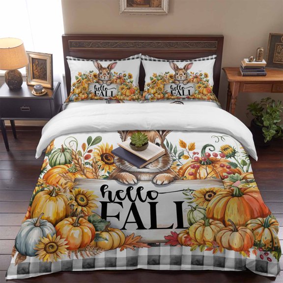 Cartoon Cute Rabbit Queen Size Bed Set,Hello Fall Pumpkins Black Plaid Bedding for All Seasons,4 Pcs Bed Set,1 Quiltcover (90"x90"),1 Sheet (90"x102"),2 Pillowcases (20"x30")