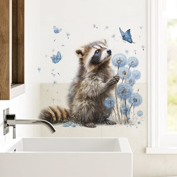 Cartoon Cute Raccoon Dandelion Butterfly Wall Decal - Kids Room Living Room Bathroom Home Decor Sticker with Easy Application and Removable Design for Nursery Playroom Bedroom Hallway